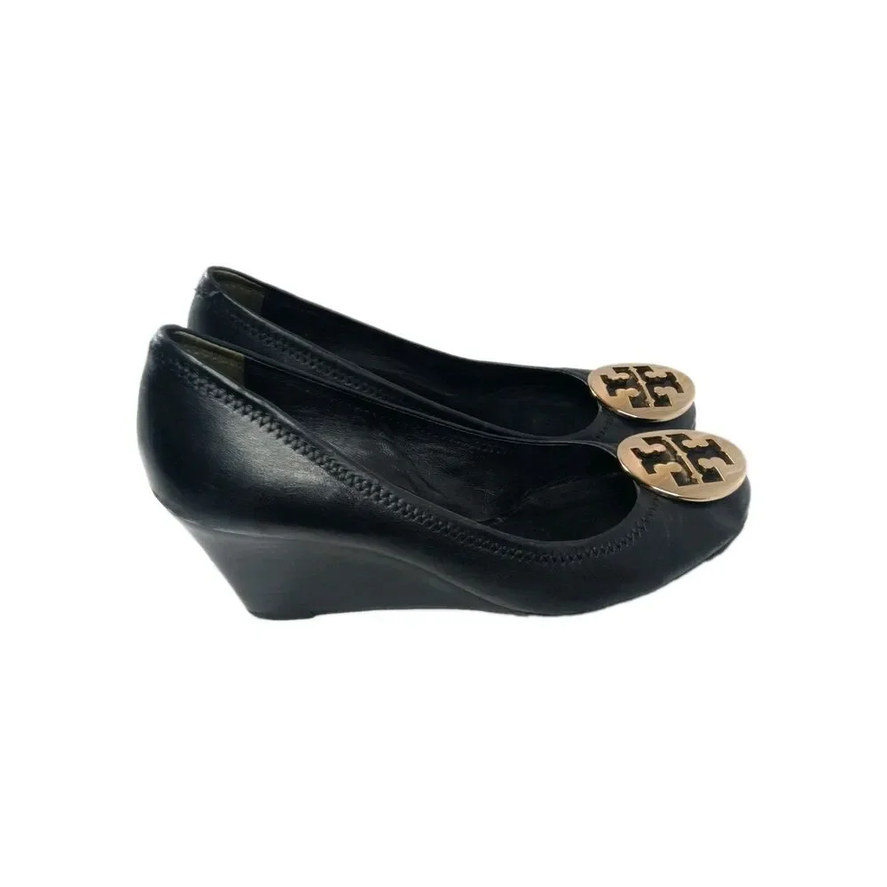Tory Burch Sophie Wedges Black Leather Shoes Womens Size 8.5 M Closed-Toe